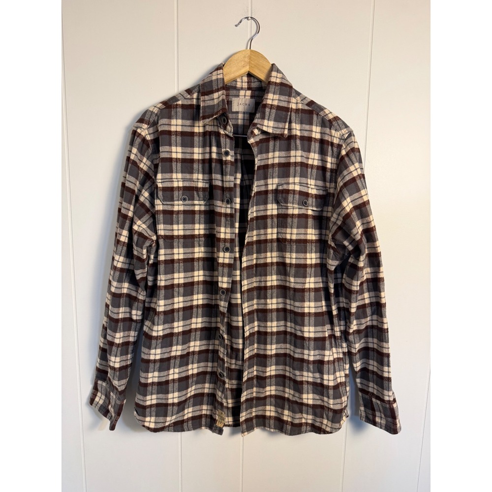 100% Cotton‎ Jachs Button Down Shirt Medium Brown Gray Plaid Flannel Long Sleeve